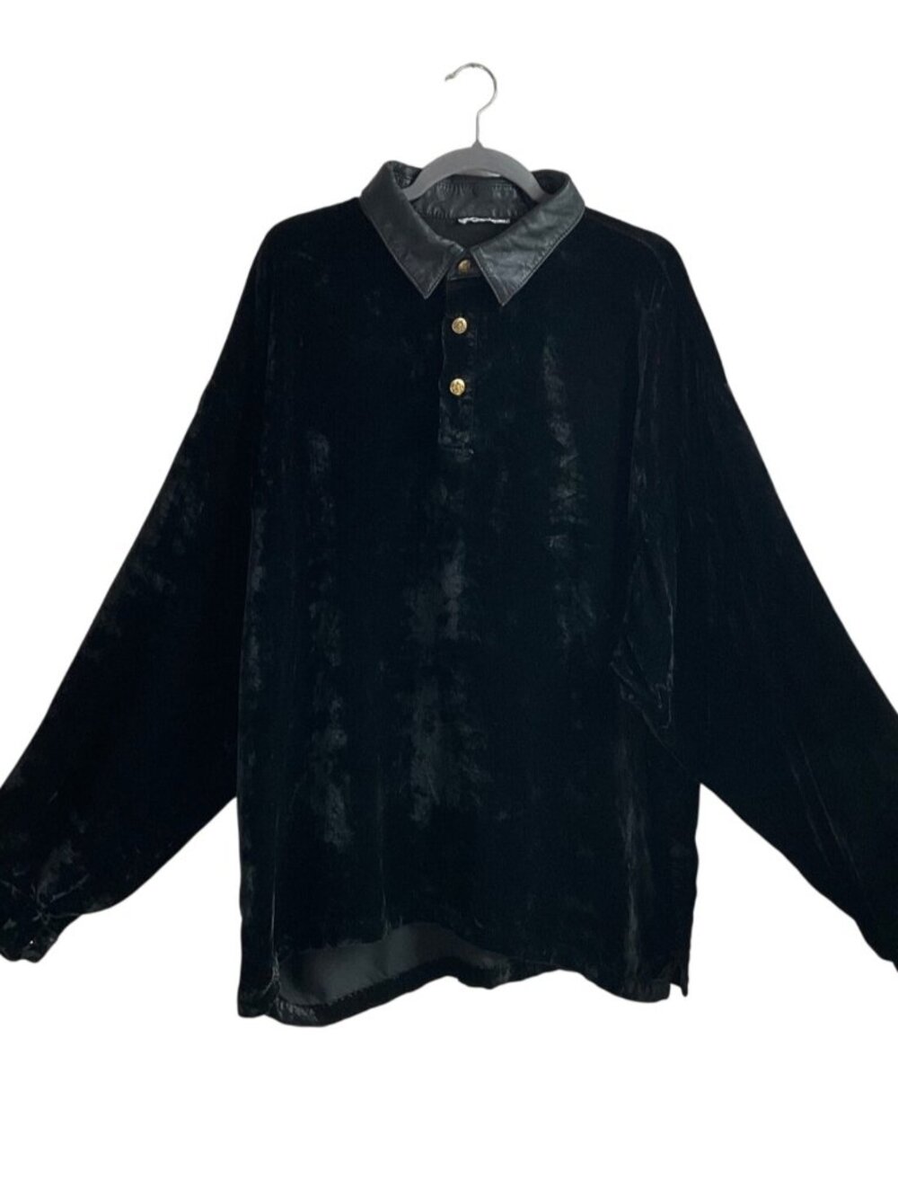 VTG 2X Black Crushed Velvet Long-Sleeve Button Tunic Top Leather Collar Goth